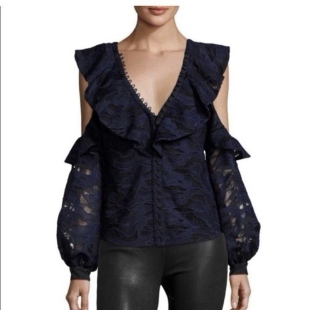 Self Portrait Top Women 10 Navy Guipure Lace Ruffle Regencycore Ren Faire Witchy